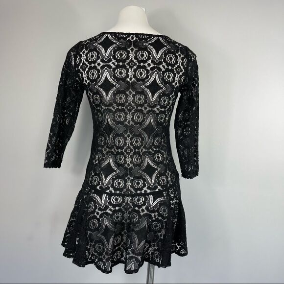 Free People Walking to the Sun Black Lace Mini Dress 0 Ruffle Sheer Tunic Top - Picture 9 of 16